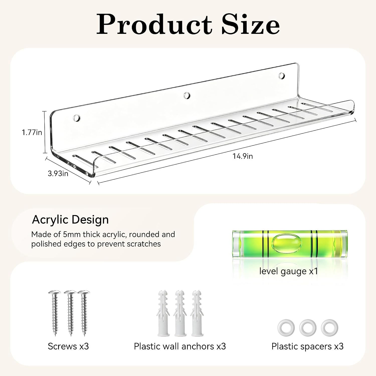 2pack Acrylic wall-Mounted Storage Rack, Suitable for bathrooms, bedrooms, Living Rooms, Kitchens, and Room Decoration; 15-inch x 4-inch Floating Shelf with Both Display and Storage Functions