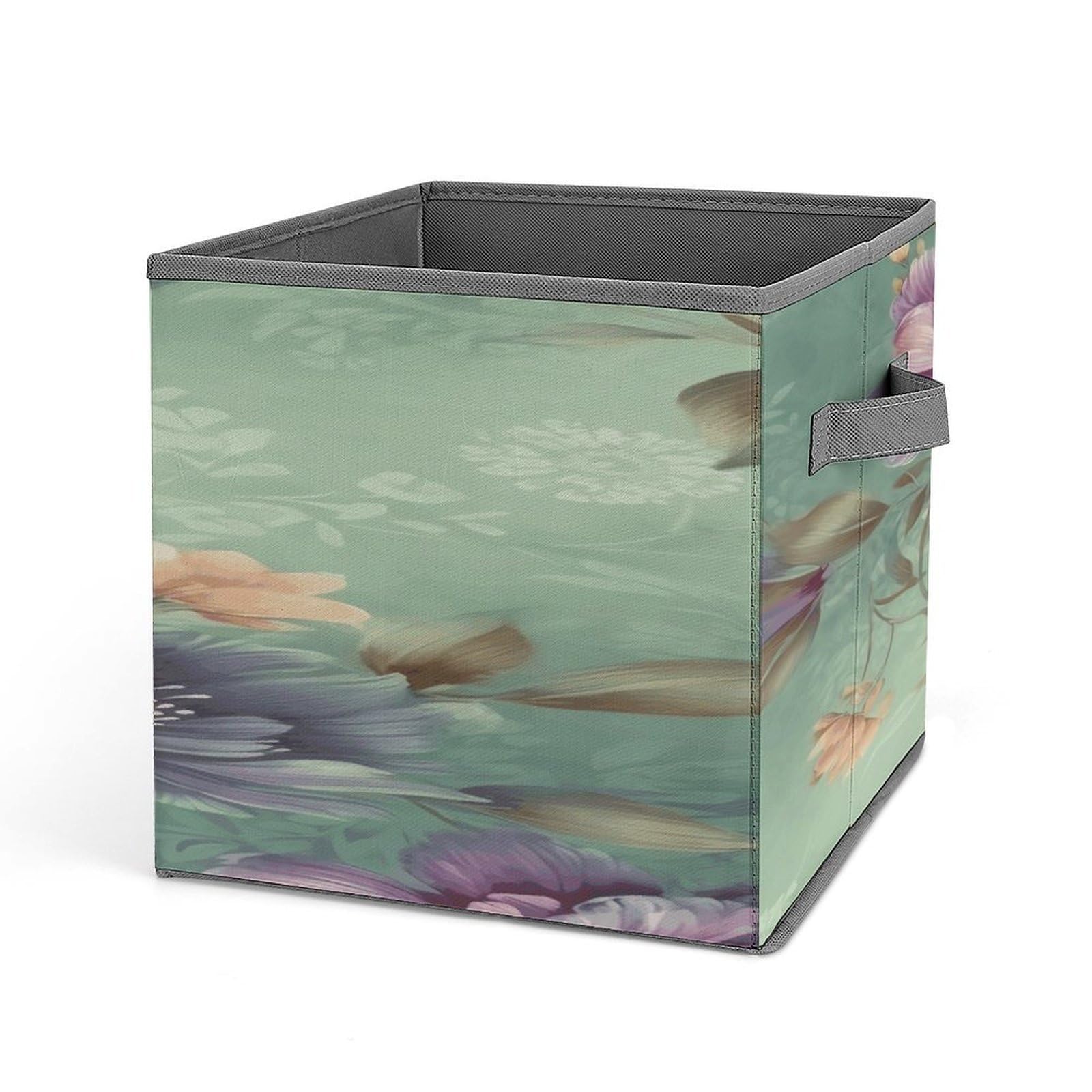 Fodpand Style Flowers On Green Background Storage Cubes Foldable Decorative Fabric, Storage Bins Baskets With Handles, Closet Organizers And Storage For Home, Office,Closet, Clothes