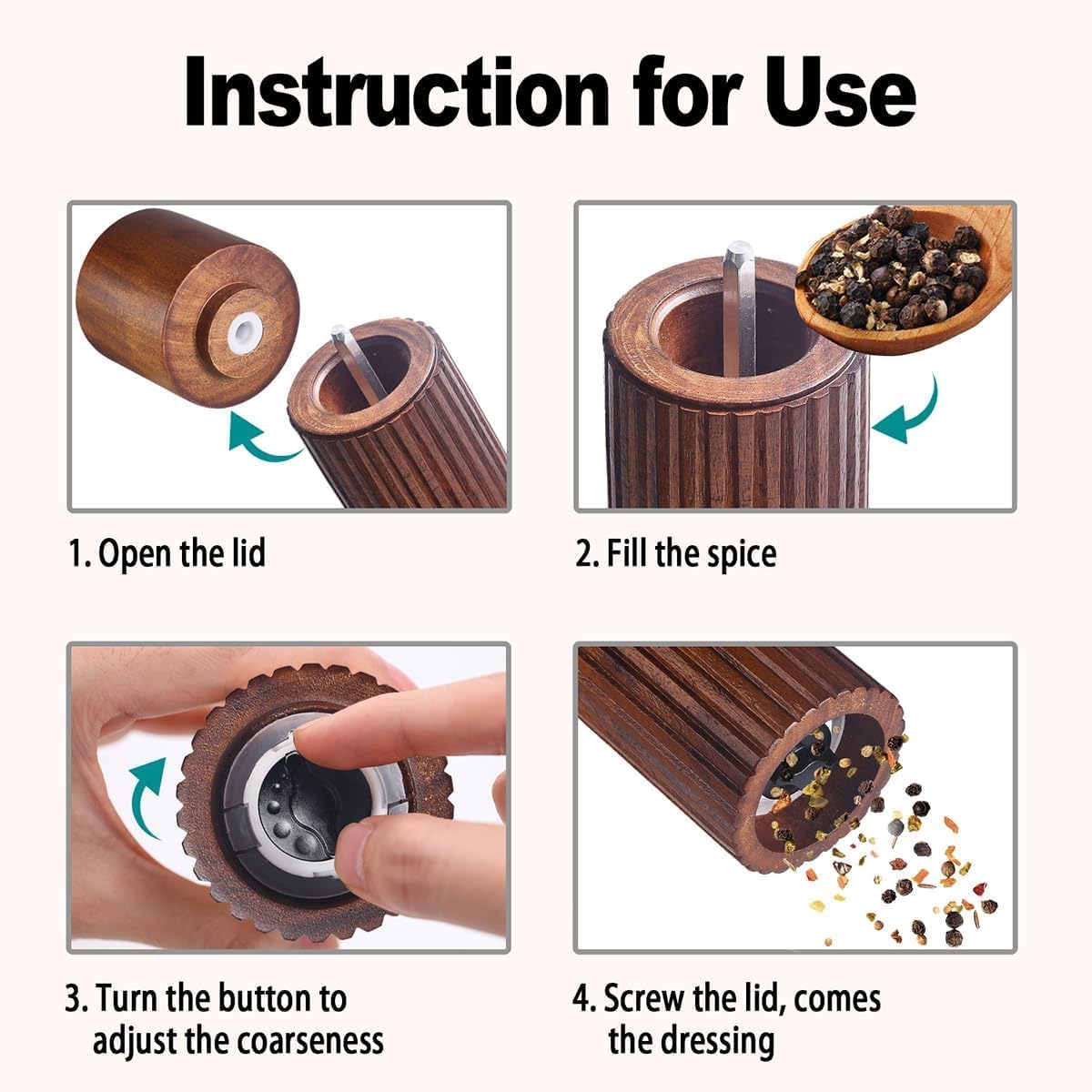 Acacia Wood Salt and Pepper Grinder Set with Matching Tray - 6.5 Inch Refillable Manual Wooden Pepper Mills with Adjustable Ceramic Coarseness, Non-Slip Ribbed Design & Engraved S&P Lids