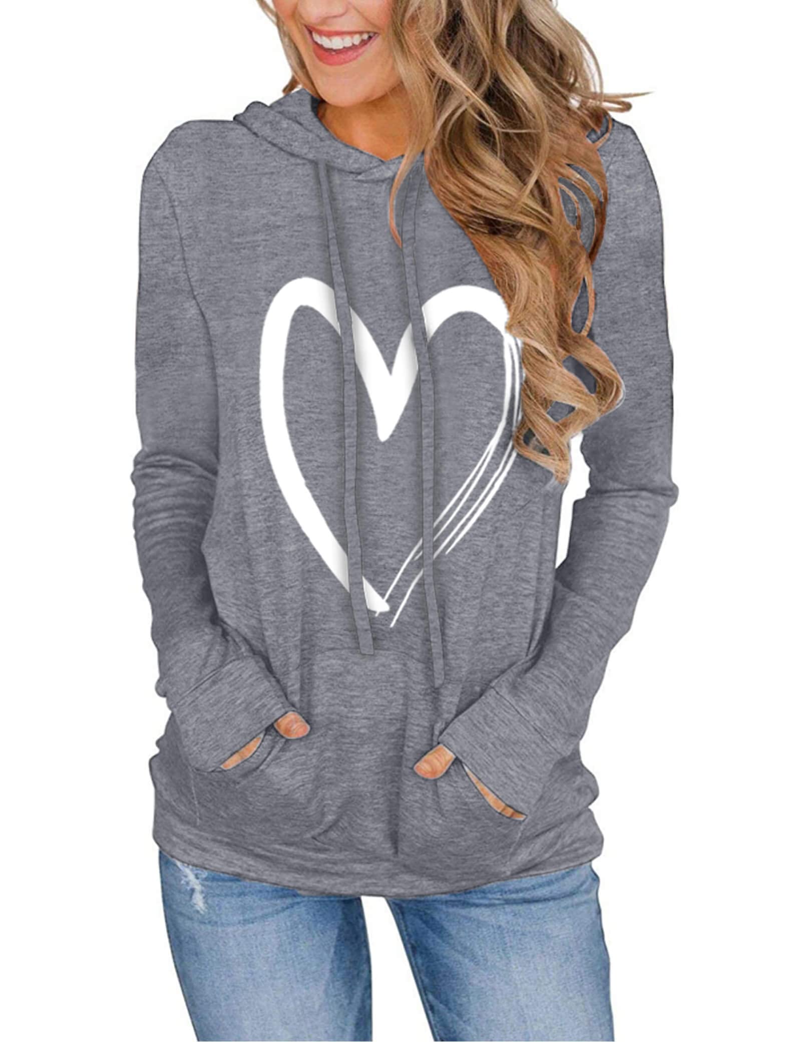 Women's Hoodies Pullover Cute Heart Sweatshirts Long Sleeve Tops with Pockets