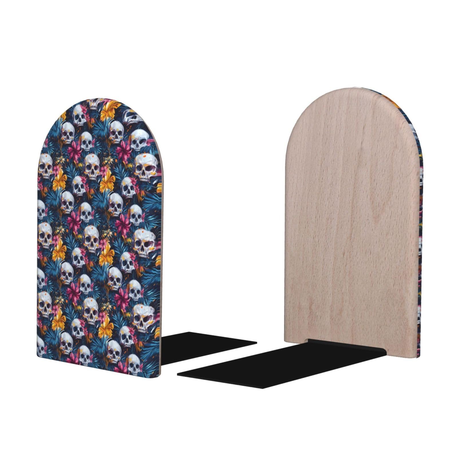 Hawaiian Skull Floral Print BookEnds 1 Pair, Decorative Bookends for Heavy Books, Wood Book Ends for Shelves, Book Organizer for Home Desk Office Supplies