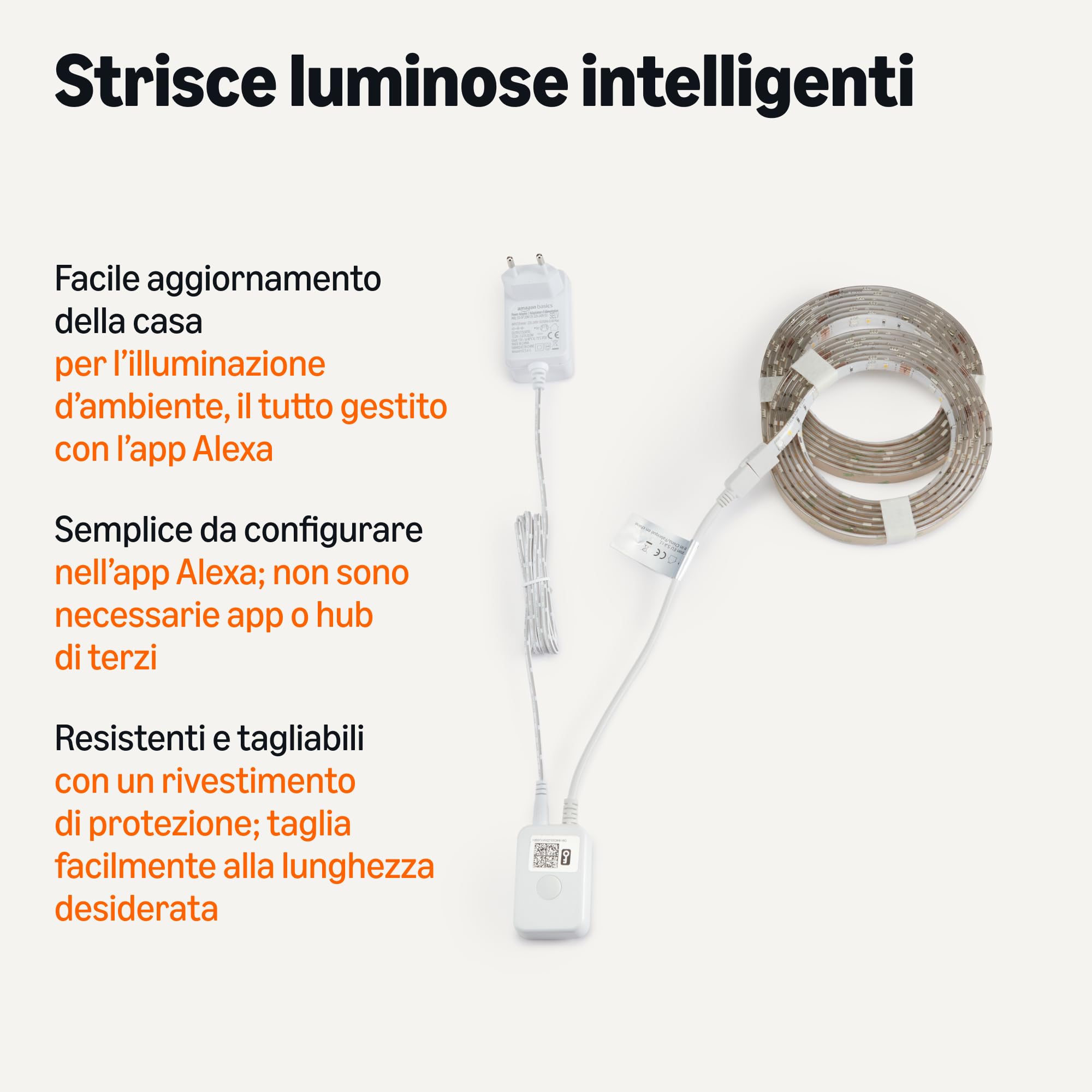 Amazon Basics Striscia luminosa LED intelligente da 5 m, RGBW, Wi-Fi 2,4 GHz, compatibile solo con Alexa, Multicolore
