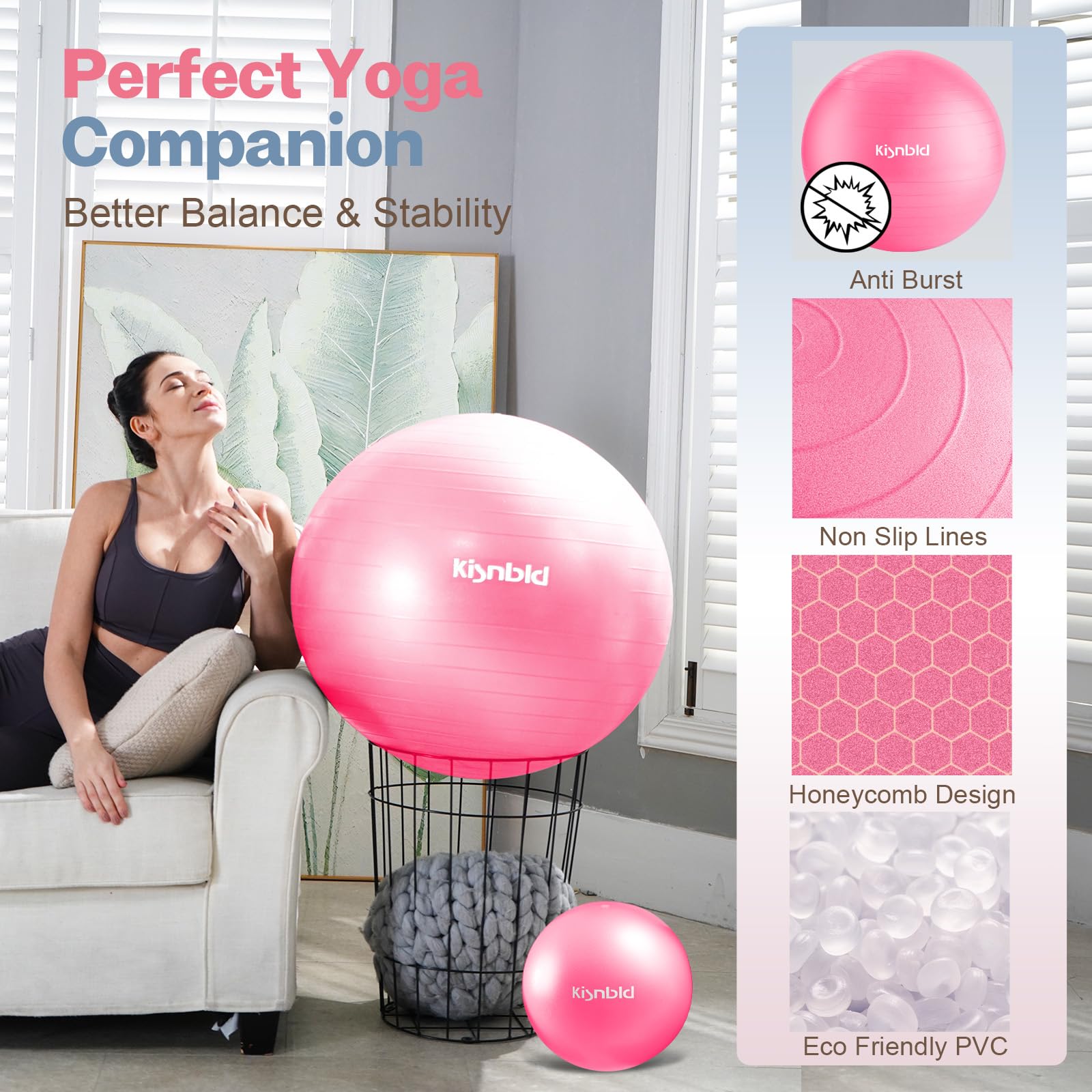 kisnbld Gymnastikball, extra dicker Yoga-Ball für Workout, Schwangerschaftsstabilität, 4 Größen, Anti-Burst-Balance-Ball mit Fußpumpe, robuster Fitnessball-Stuhl für Büro, Zuhause & Fitnessstudio