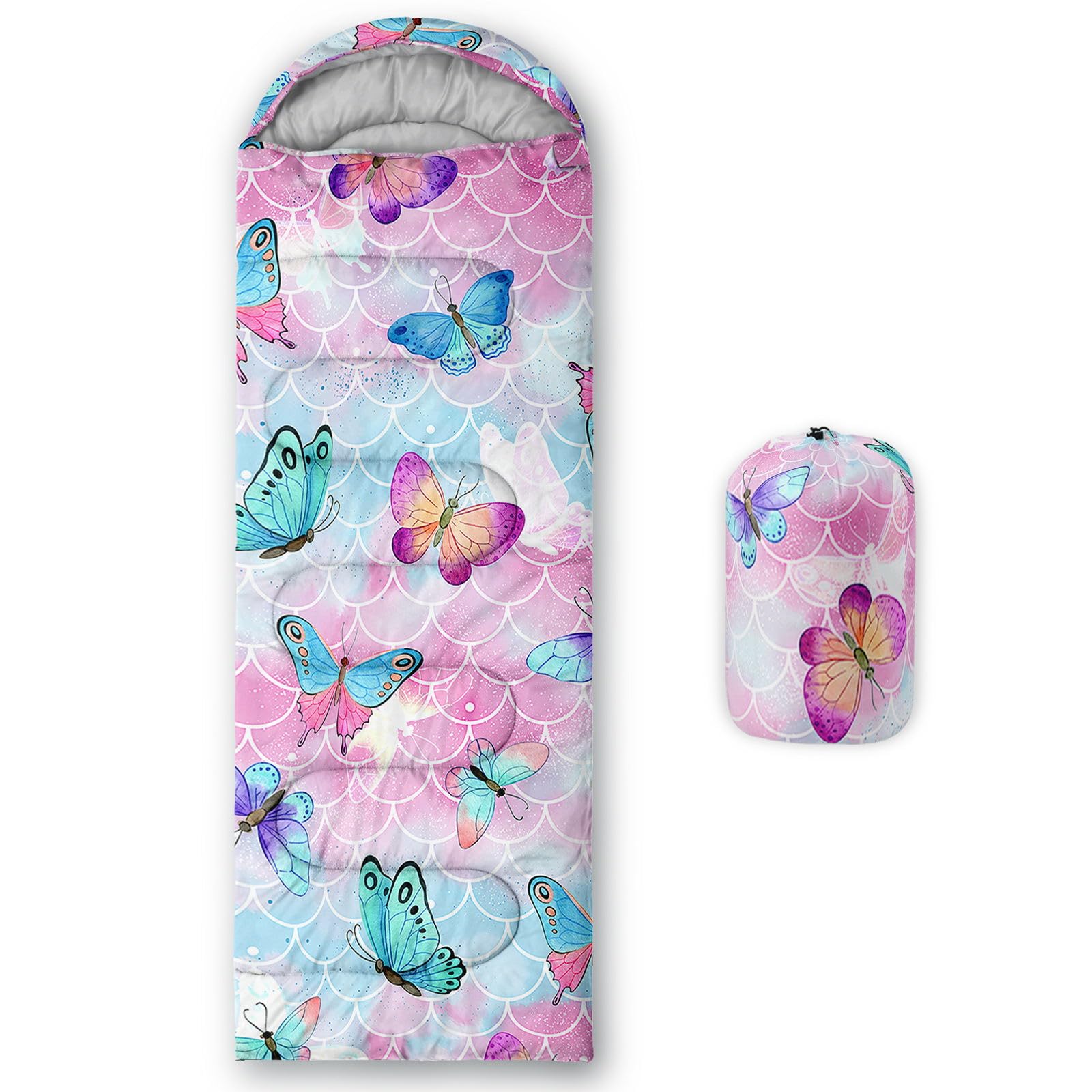HOSIMA Saco de dormir con mariposas, para adultos, niñas, niños, impermeable, cálido, camping, senderismo, al aire libre, viajes, caza, saco de compresión
