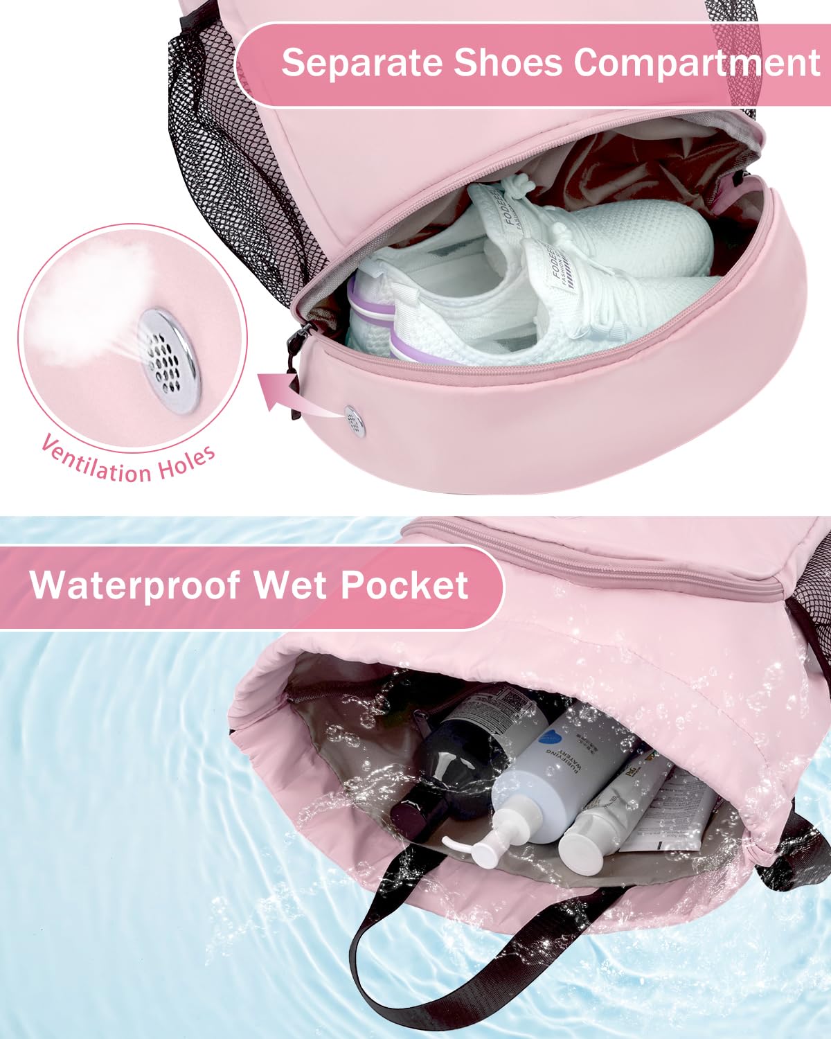 RHDZO Drawstring Backpack Gym Backpack with Shoe Compartment for Men Women String Sports Bag with Wet Pocket Cinch Swim Beach Bag, Pink (Patent Pending)