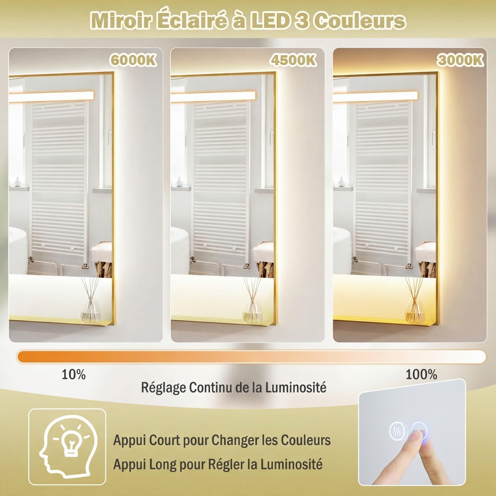 RELAX4LIFE Miroir LED Salle de Bain avec Étagère, Miroir Lumineux Salle de Bain Anti-buée, Lumière Réglable 3000K-6000K, Cadre en Aluminium, Contrôle Tactile (80x60 cm,Doré)