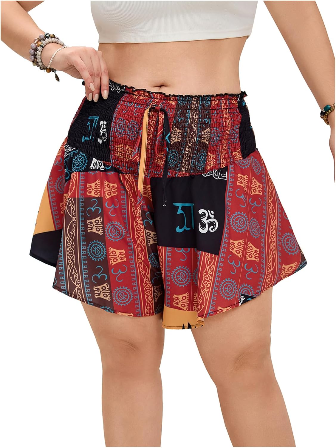 Women's Plus Size Boho Graphic Shorts High Waisted Knot Front Shirred Vacation Shorts