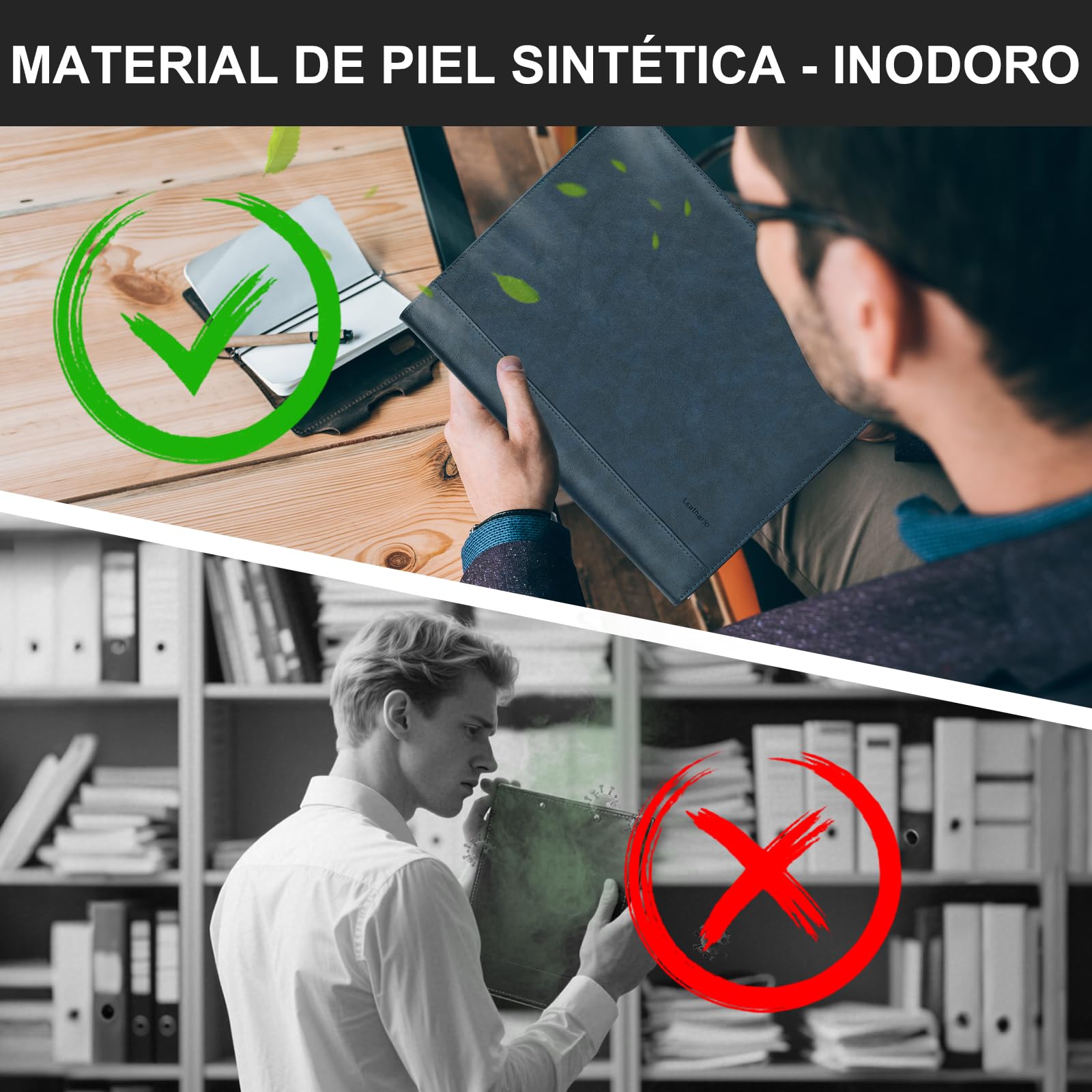 Leathario (Negro-A4) Marcas de Portafolio de Carpeta Plegable de Mano de PU para Hombres, Diseñado para Negocio y para Tomar Notas