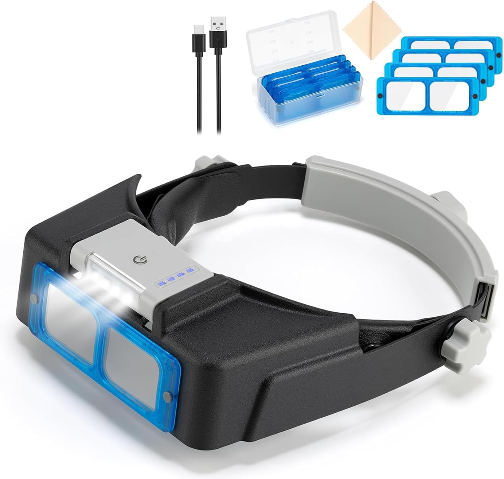 Magnifying Glass with Light 1.5X to 3.5X, Rechargeable Head Mount Magnifier with 4 Lens, Head Magnifying Visor for Close Work Reading Cross Stitch