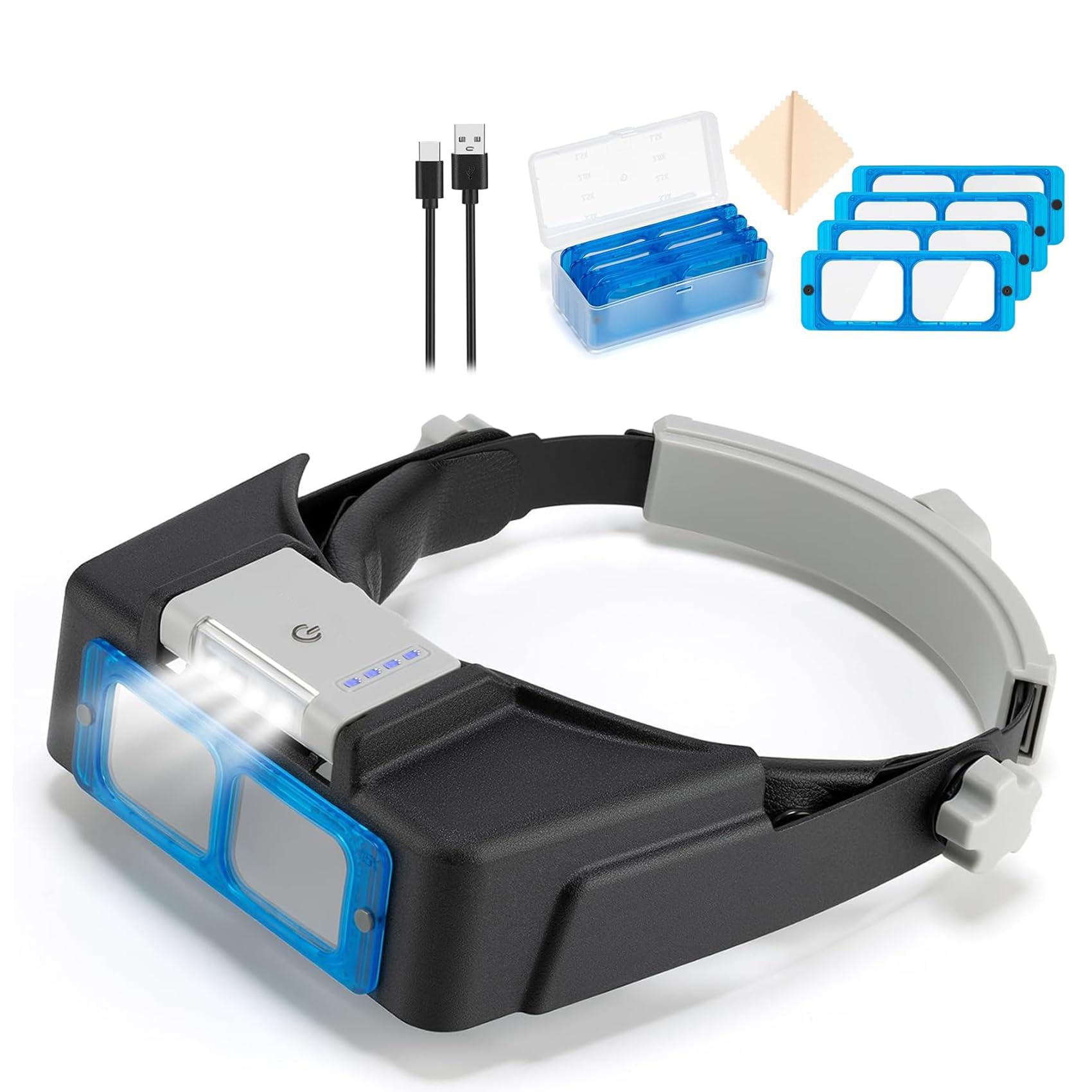 MAKINGTEC Magnifying Glass with Light 1.5X to 3.5X, Rechargeable Head Mount Magnifier with 4 Lens, Head Magnifying Visor for Close Work Reading Cross Stitch