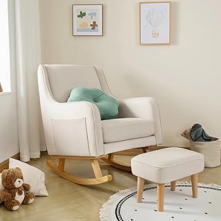 Babymore Ida Nursing Chair with Footstool in Ivory - Elegant Rocking Chair for Timeless Comfort With Sturdy Wooden Legs, Gentle Rocking Motion, Supportive Back, Soft Fabric & Stylish Armrests