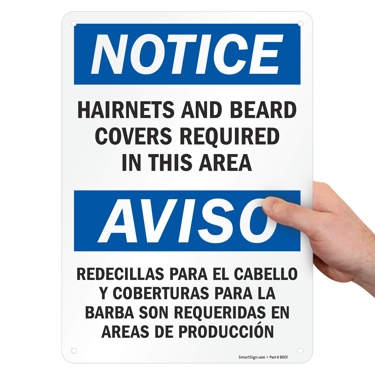 Photo 1 of SmartSign "Notice - Hairnets And Beard Covers Required" Bilingual Sign | 10" x 14" Plastic