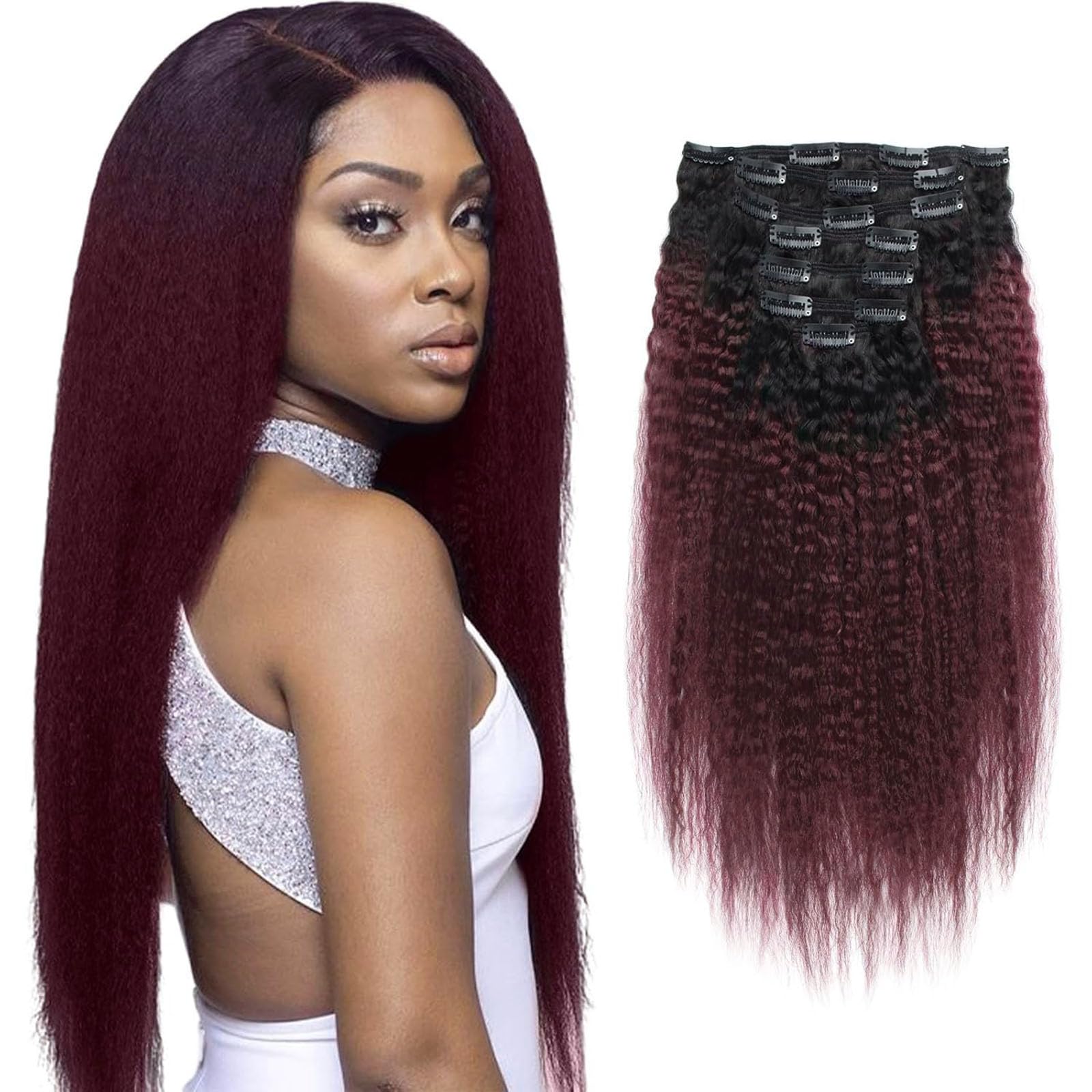 AmazingBeauty 8A Italian Perm Yaki Kinkys Straight Ombre Double Weft Human Hair Clip Extension for Black Women, Natural Black Fading into Cherry Wine,