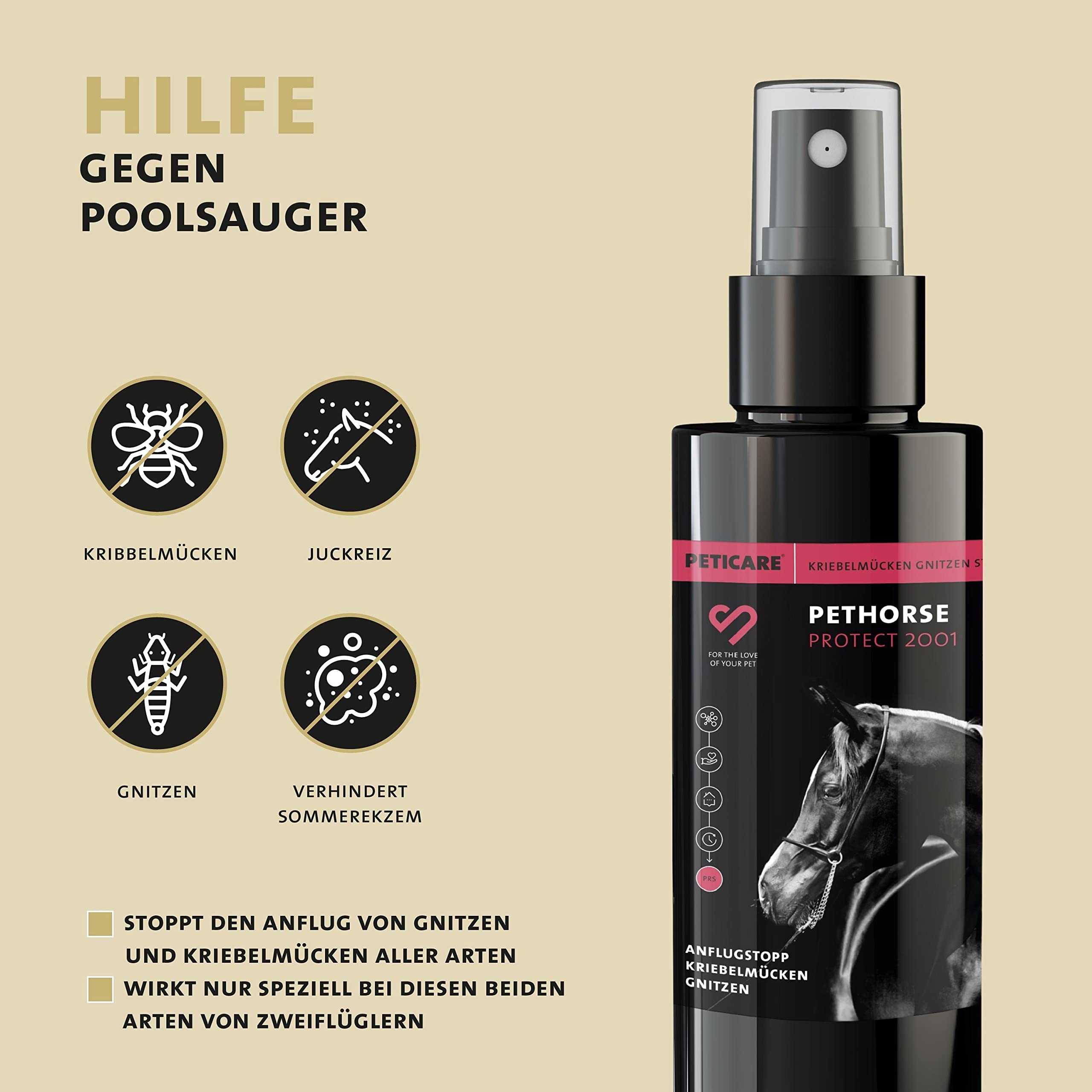 Peticare Anti-Kriebelmücken, Gnitzen Spray für Pferde | effektiv dem Sommerekzem vorbeugen | zuverlässige Abwehr als Anflugstopp | einzigartiges PRS® System für Lange Wirkung – petHorse Protect 2001