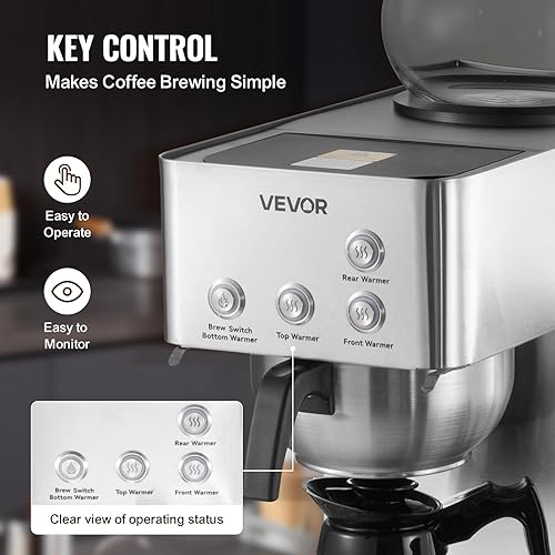 Miniatura 4 de VEVOR Cafetera comercial de goteo, cafetera de 12 tazas con 4 jarras de vidrio y 4 platos calentadores de decantador, cafetera de acero inoxidable