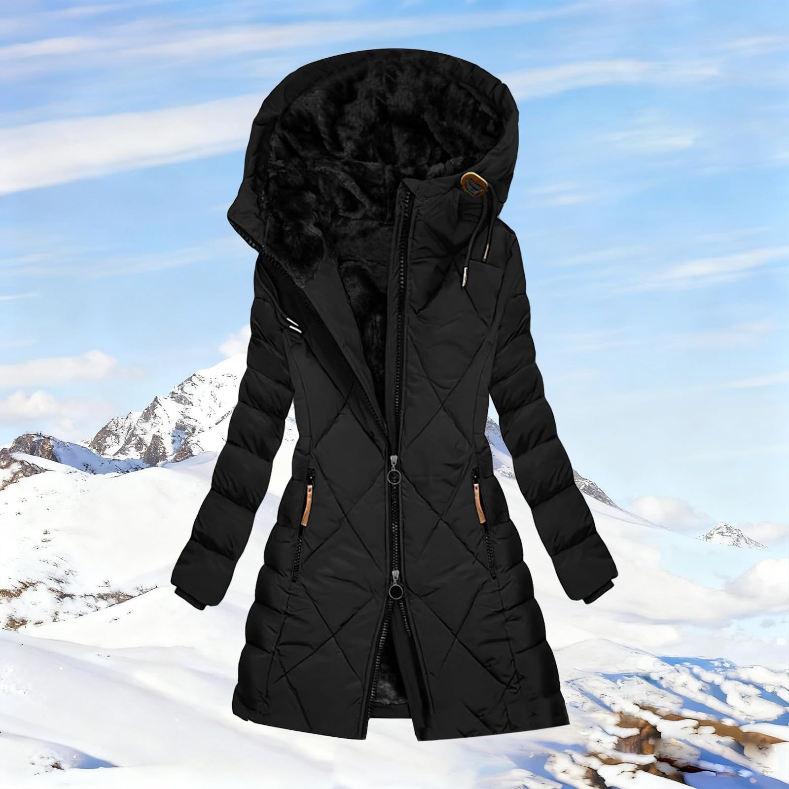 Genérico Chaqueta De Forro Polar con Capucha para Mujer,Abrigo Largo con Capucha De Lana De Invierno Largo Medio CáLido TéRmico Chaqueta Exterior Forro Suave Resistente Al Viento Ajuste CóModo