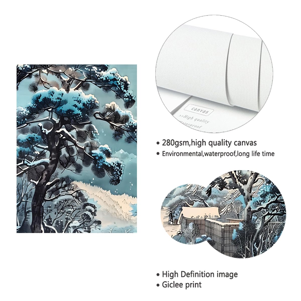 Via Vela Paysage traditionnel hivernal japonais Art mural mural Fresque de village enneigé Œuvre orientale Affiche pour décoration de buanderie 90x120cm