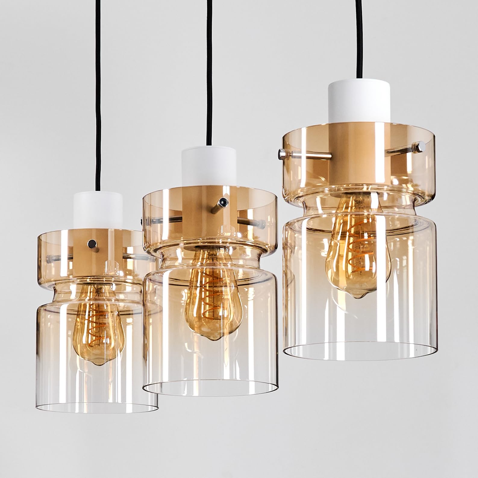 Lámpara de techo HOFSTEIN Hasvik, 3 luces de metal/vidrio en blanco/ámbar/claro, diseño retro/vintage (Ø 15 cm), E27, lámpara de techo ajustable hasta 150 cm, comedor, sala de estar, cocina