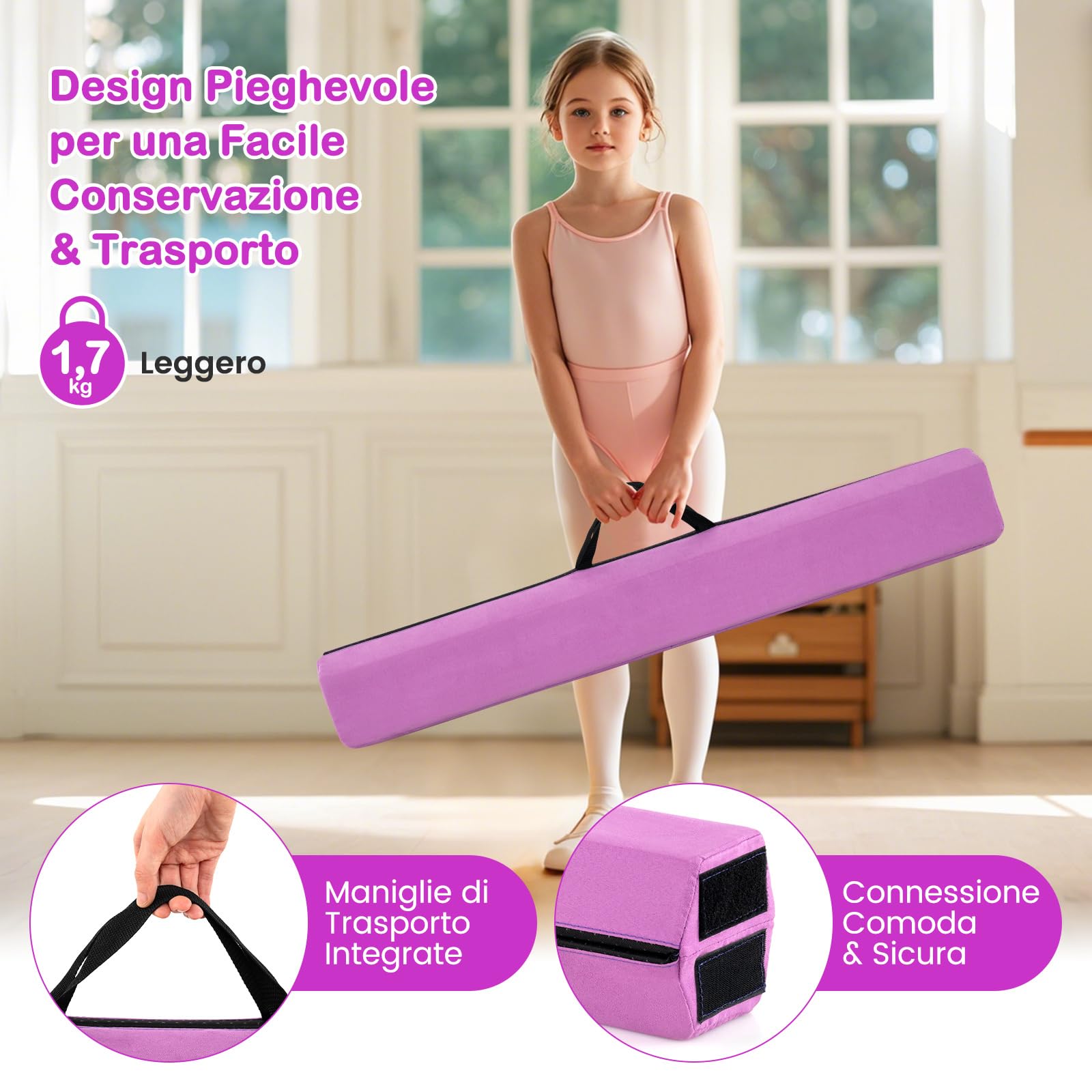 COSTWAY Trave Ginnastica per Bambini per Casa 210 cm, Trave di Equilibrio Pieghevole e Portatile con Manici, Copertura in Suede Rimovibile e Fondo Antiscivolo