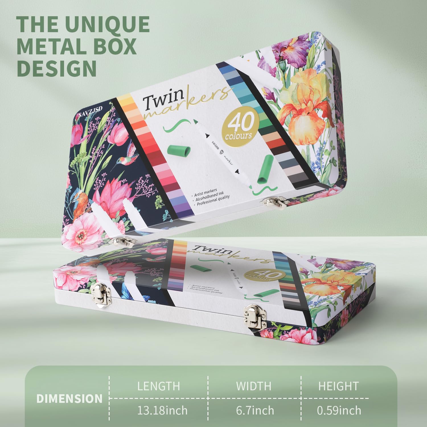 SAVZJSD Alcohol Markers, 40 Colors Alcohol Markers Set with Metal Box for Kids, Adults in Coloring & Painting (Brush & Fine)