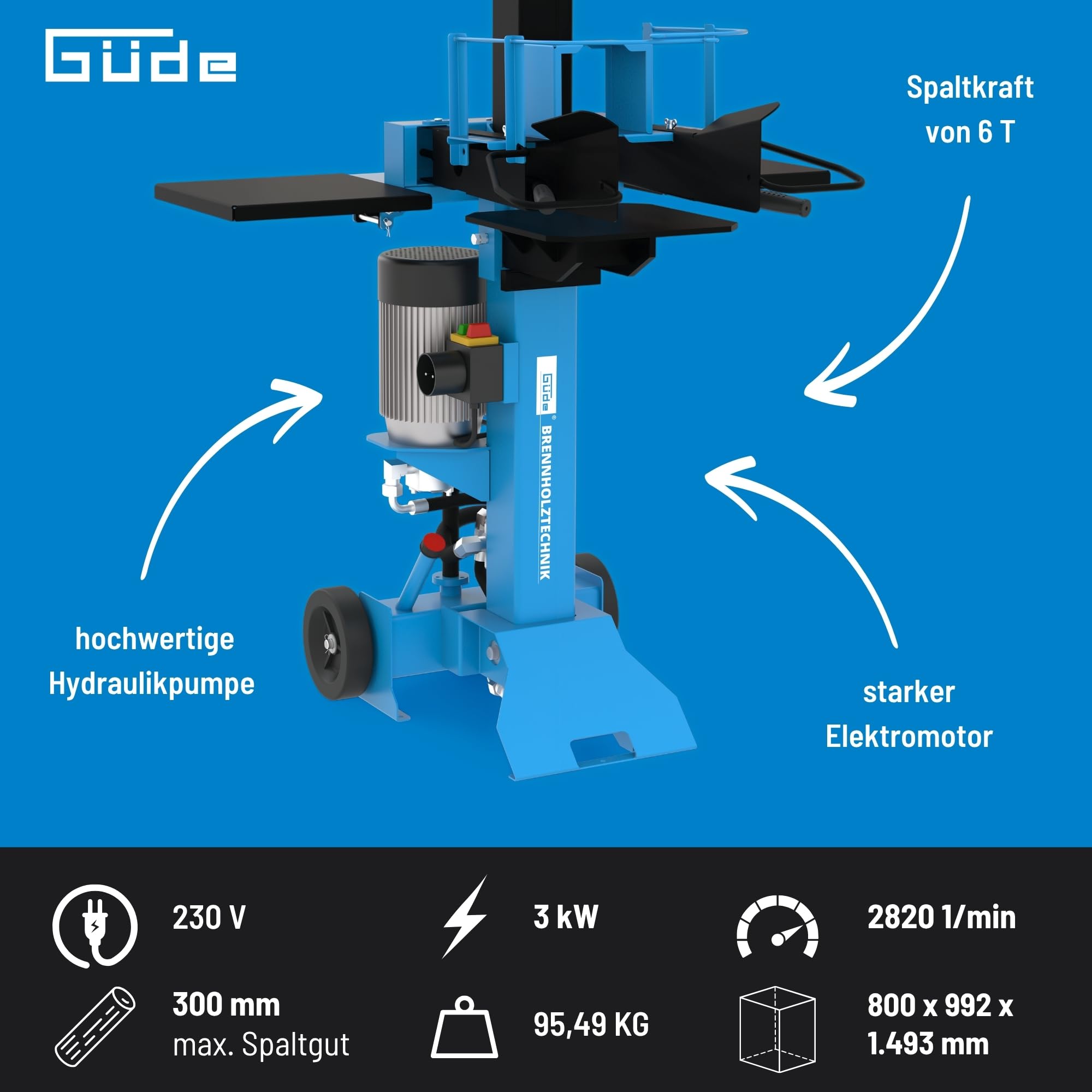 Güde Spaccalegna GHS 500/6TE (230 V, 3000 W, forza di spaccatura 6 tonnellate, pompa idraulica di alta qualità, pressione dell'olio 200 bar, corsa graduale, spaccatura Ø 300 mm, lunghezza 500 mm)