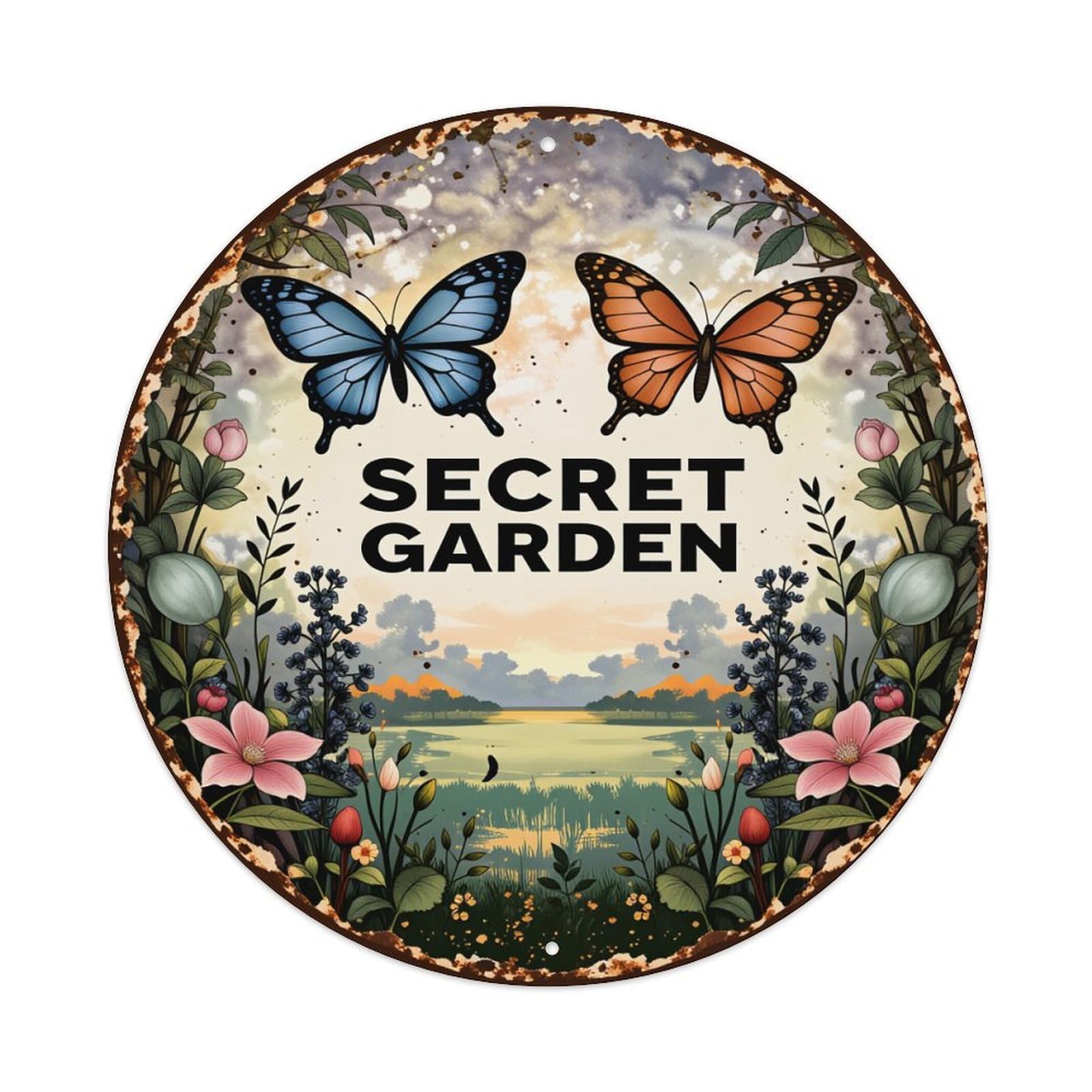 Jdfenggu Vintage Butterfly Garden Floral Landscape Sunset Retro Metal Tin Sign, Metal Poster For Bar, Home, Man Cave, Kitchen, Laundry Room Art Decor 8X8 Inch