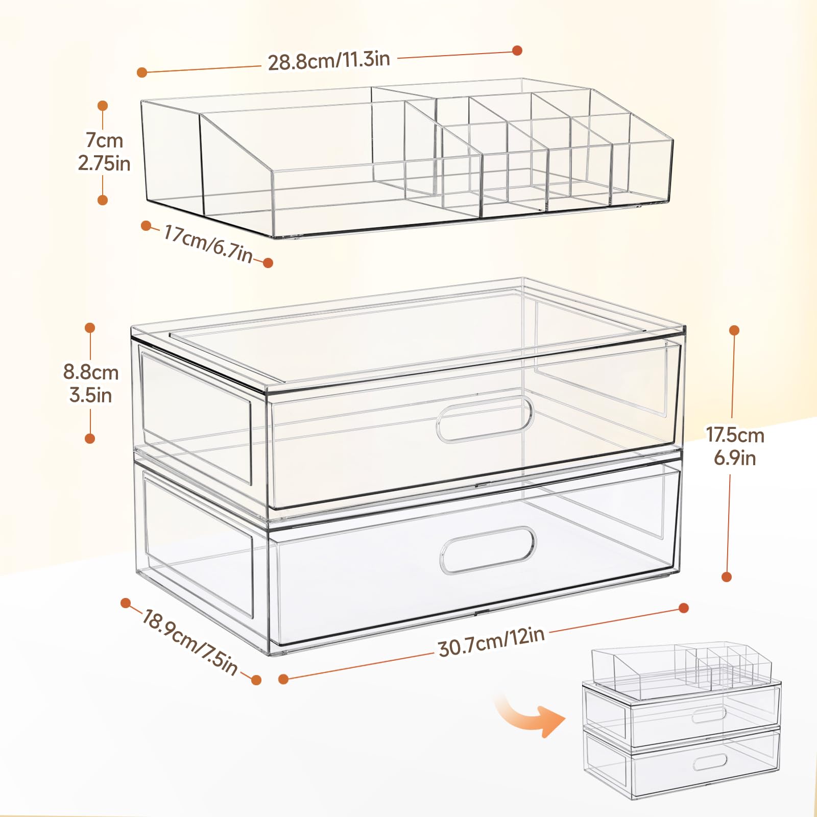 Organizador de maquillaje apilable transparente con cajón, cajones de almacenamiento acrílicos de 12 pulgadas de ancho, vitrina de cosméticos para tocador de baño, soporte de belleza para pintalabios