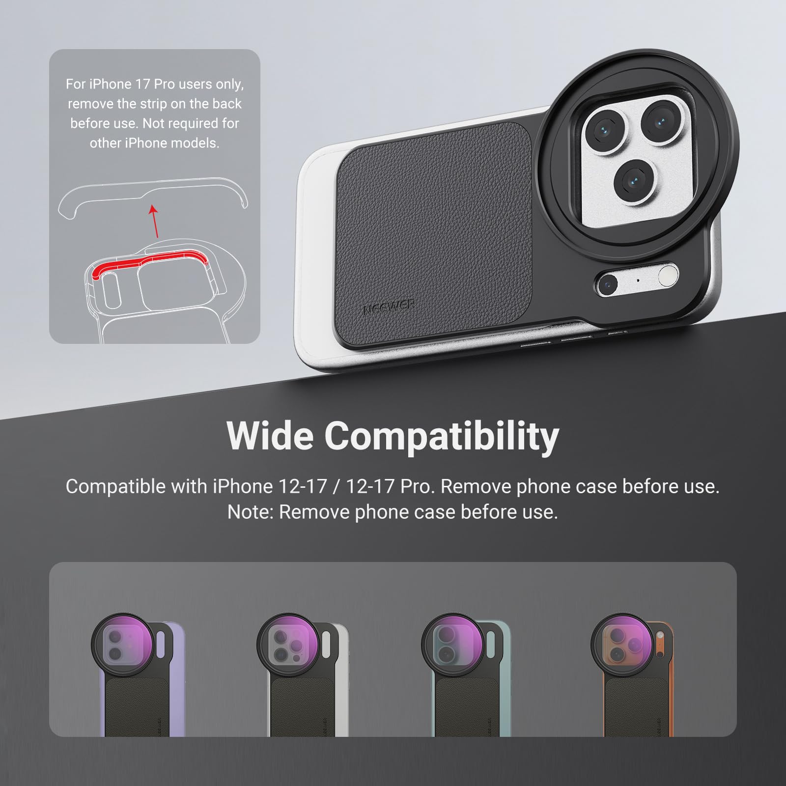 NEEWER 6,3" magnetyczny obiektyw do telefonu komórkowego adapter do mocowania tylnej płyty akcesoria z filtrem szarym o zmiennym rozmiarze 67 mm (ND 2-32) kompatybilny z MagSafe iPhone 12/13/14/15/16