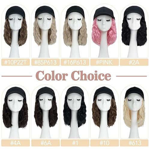 Miniatura 6 de S-noilite Peluca de gorra de béisbol con extensiones de cabello, 8 pulgadas, corto, rizado, ondulado, estilo Bob, peinado, ajustable, con cabello