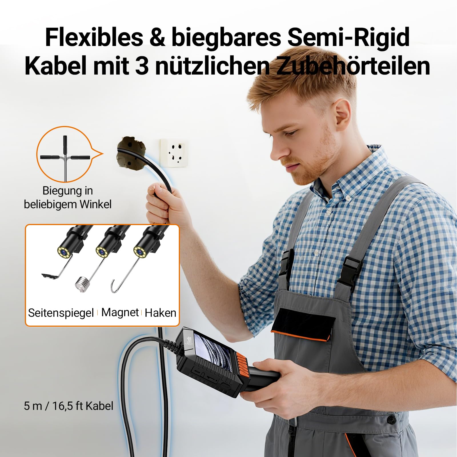 4,3" IPS Endoskopkamera mit Licht 1080P HD - IP67 Wasserdichte Inspektionskamera & Rohrkamera mit 8 LEDs, 5m Halbstarre Sonde für Auto, Rohre, Haushalt, Kein WLAN/App Nötig | Rohrkamera mit 8 LEDs, IP67 Wasserdichte Inspektionskamera, Halbstarre Sonde, Fü