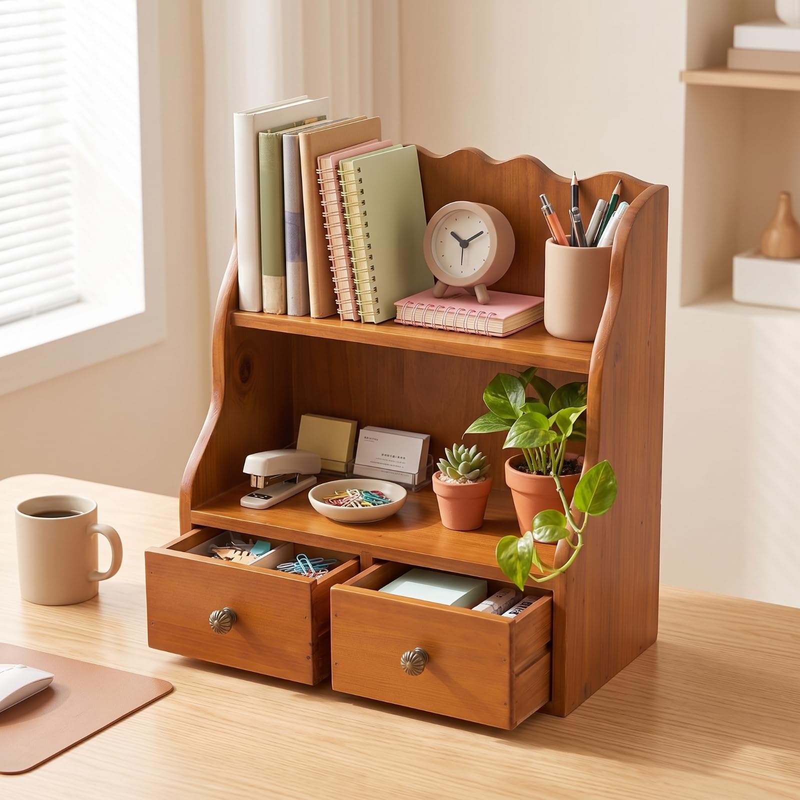 Organizzatore da Scrivania in Legno Scaffale Organizer Cassetti Portaoggetti Portadocumenti in Legno Massello con Due Ripiani E Due Cassetti Compatto Adatto per Ufficio Studio Dormitorio