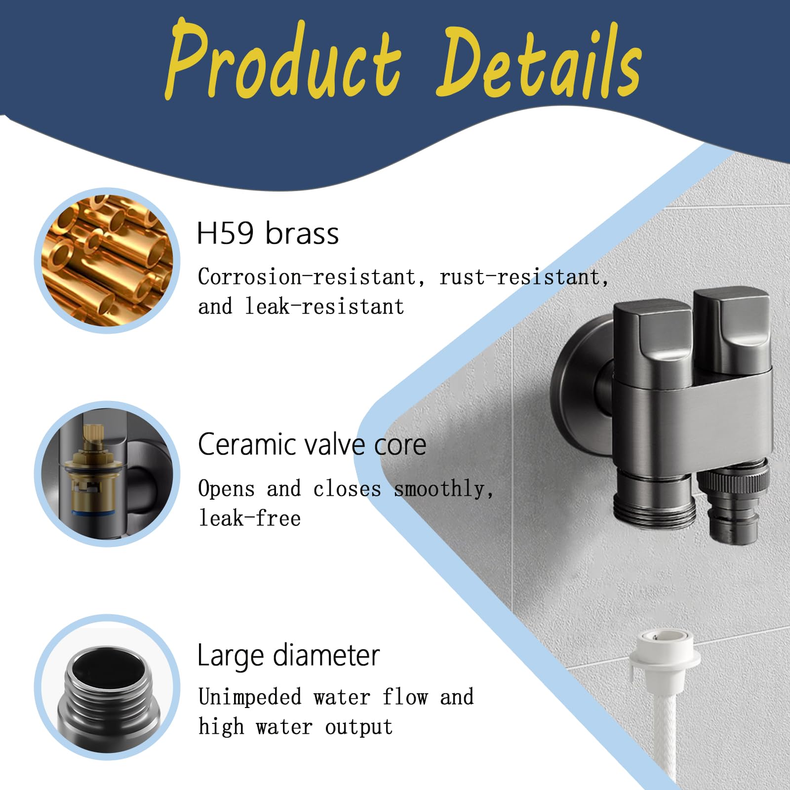 Robinet de machine à laver,laiton robinet lave linge, avec arrêt d'eau, vanne d'angle de robinet de machine à laver, pour Machine à Laver, Toilettes, équipé de raccords 1/2 et 3/4 (Dual outletsASIN)