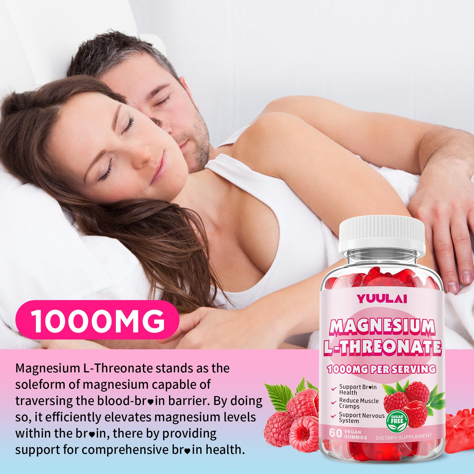Pack of 2 Magnesium L-Threonate Gummies, Suagr-Free 1000MG Magnesium Threonate Supplement for Kids & Adults, Muscle & Nervous System Support, Raspberry Flavor, 60 Count