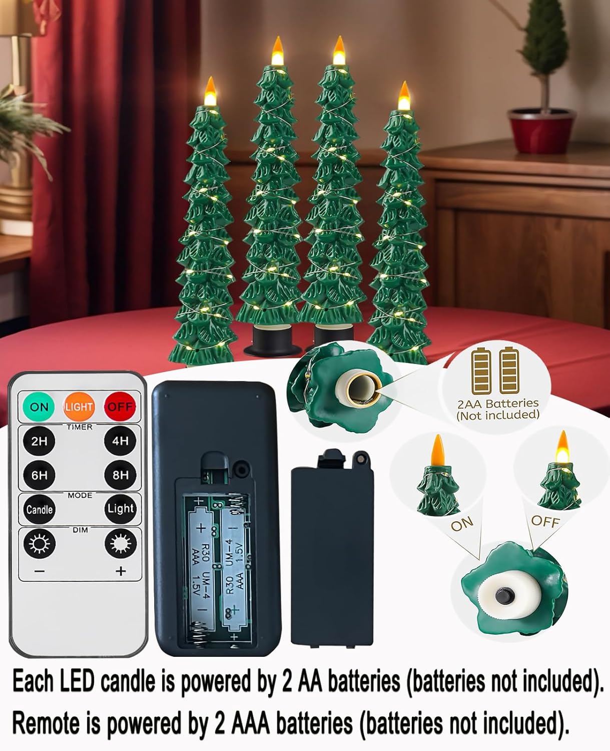 Xmas Tree LED Flameless Taper Candles with Remote Control Timer 9.5‘’ Battery Operated Candle with String Lights 2Pcs for Christmas Gift or Special Festivals Decorations