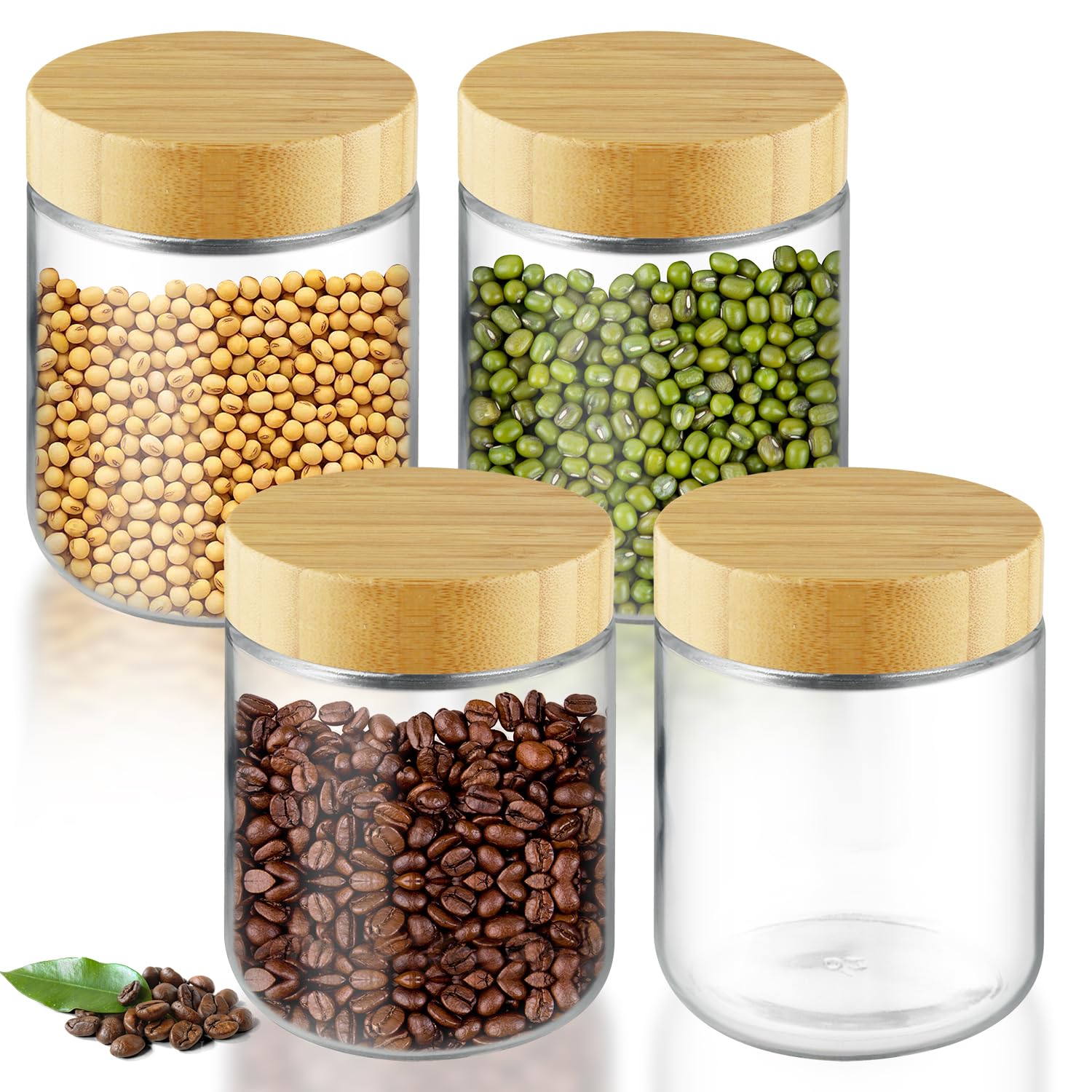 4 tarros de vidrio de boca ancha para almacenamiento de alimentos, recipientes de avena durante la noche con tapas de bambú para aperitivos, yogur en polvo, líquido, 480 ml