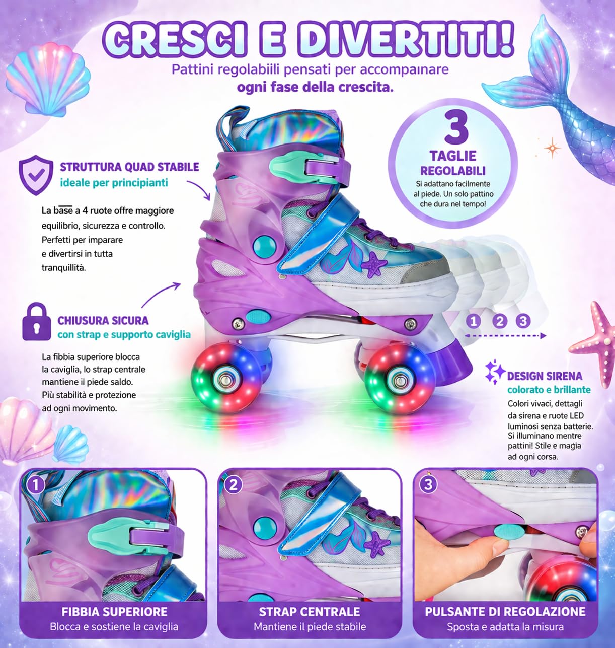 Pattini a rotelle Pattini bambina Regolabili Pattini a 4 Ruote,patini bambini 4 ruote luminosi per ragazze e ragazzi Altissima Qualità Modello Sirena Deluxy