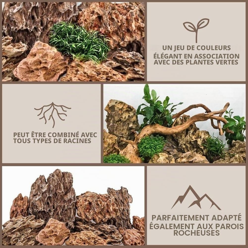 AquaOne Lot de 10 kg de pierres naturelles pour aquarium - Mélange de pierres naturelles - Taille S à XL - Pierre d'aquascaping - Décoration de roche - Fond marron