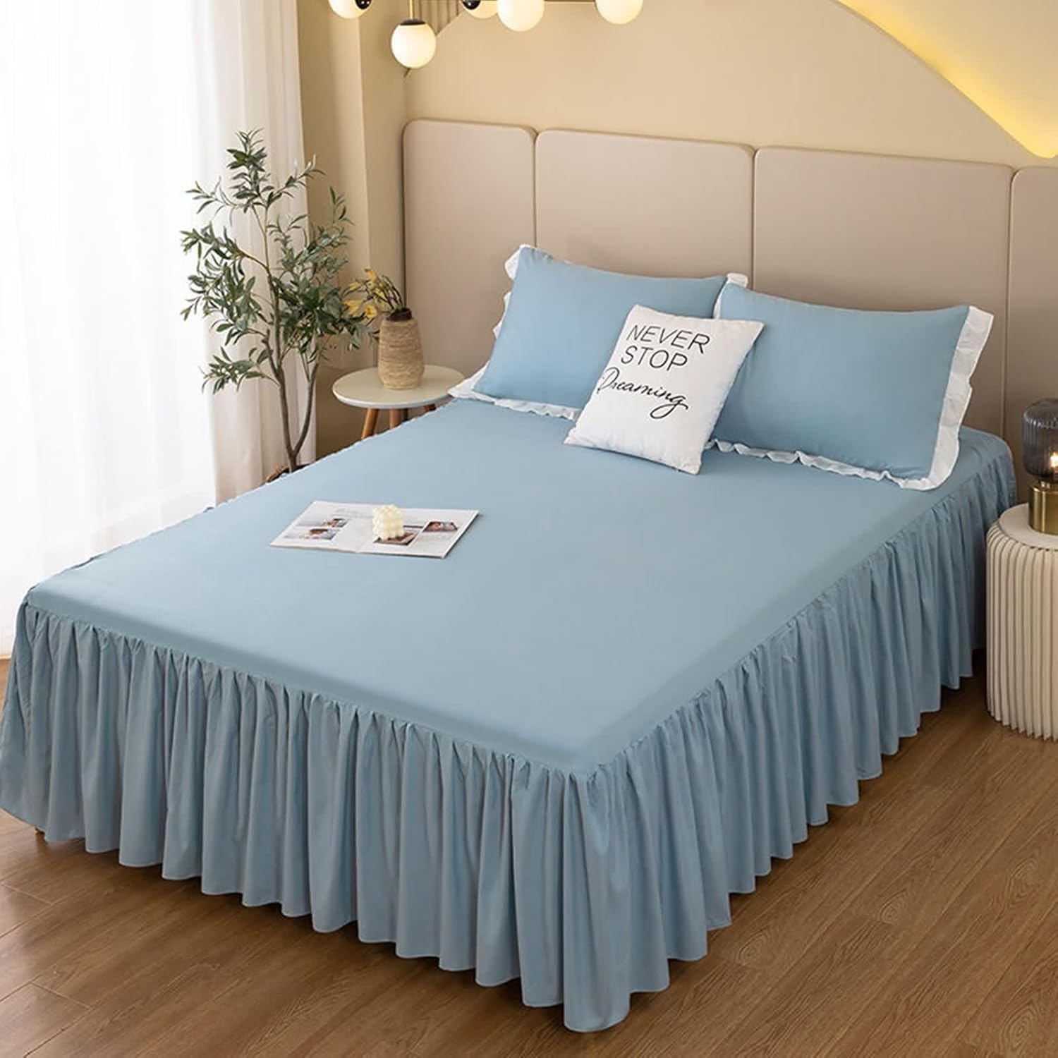 Beydodo Fitted Bed Sheets 150x200cm, Polyester Ruffled Bed Skirt Solid Blue, Bed Fitted Sheet for Dorm