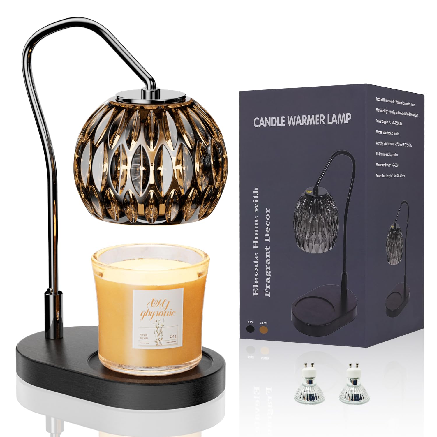 Candle Warmer Lamp with Timer & 4-Level Dimmer, Electric Wax Warmer for Jar Candles, Black Home Decor with 2 Bulbs, Gift for Women, Men, Housewarming