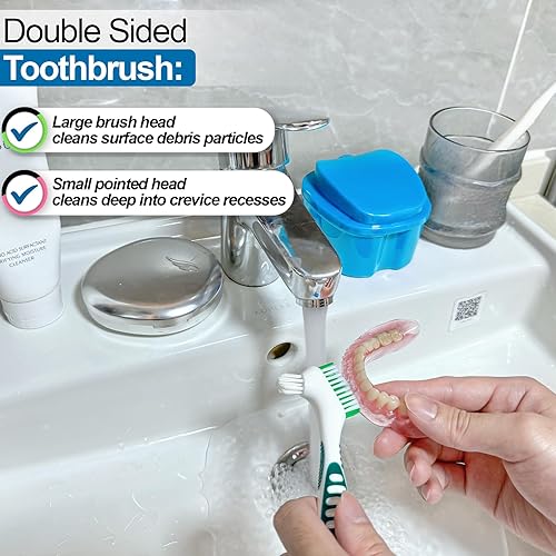 Miniatura 5 de Paquete de 2 tazas para dentaduras postizas, soporte de baño para dentaduras con cesta coladora, estuche limpiador de retenedores dentales,