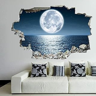 godblessign Sea Ocean Moon Starry Sky Wall Decal Landscape 3D Break Through Sticker Removable PVC Funny Art Christmas Home Decor Vinyl Mural for Boy Kids Room Living Room, 6, 36inx24in