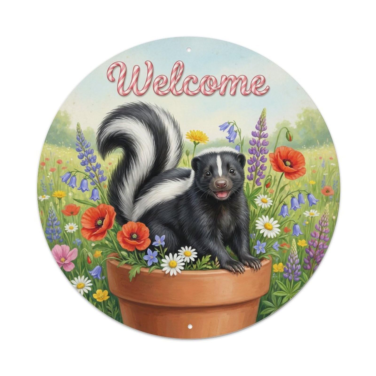 Metal Tin Sign Welcome Skunk Wildflower Patch