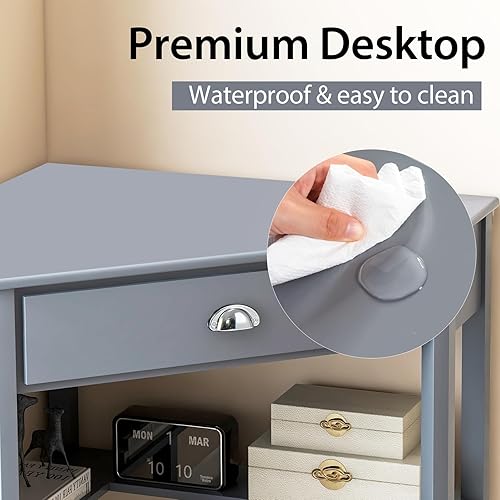 Miniatura 7 de Escritorio esquinero para espacio pequeño, escritorio de esquina de madera, mesa de escritura compacta con cajón y estantes de almacenamiento,