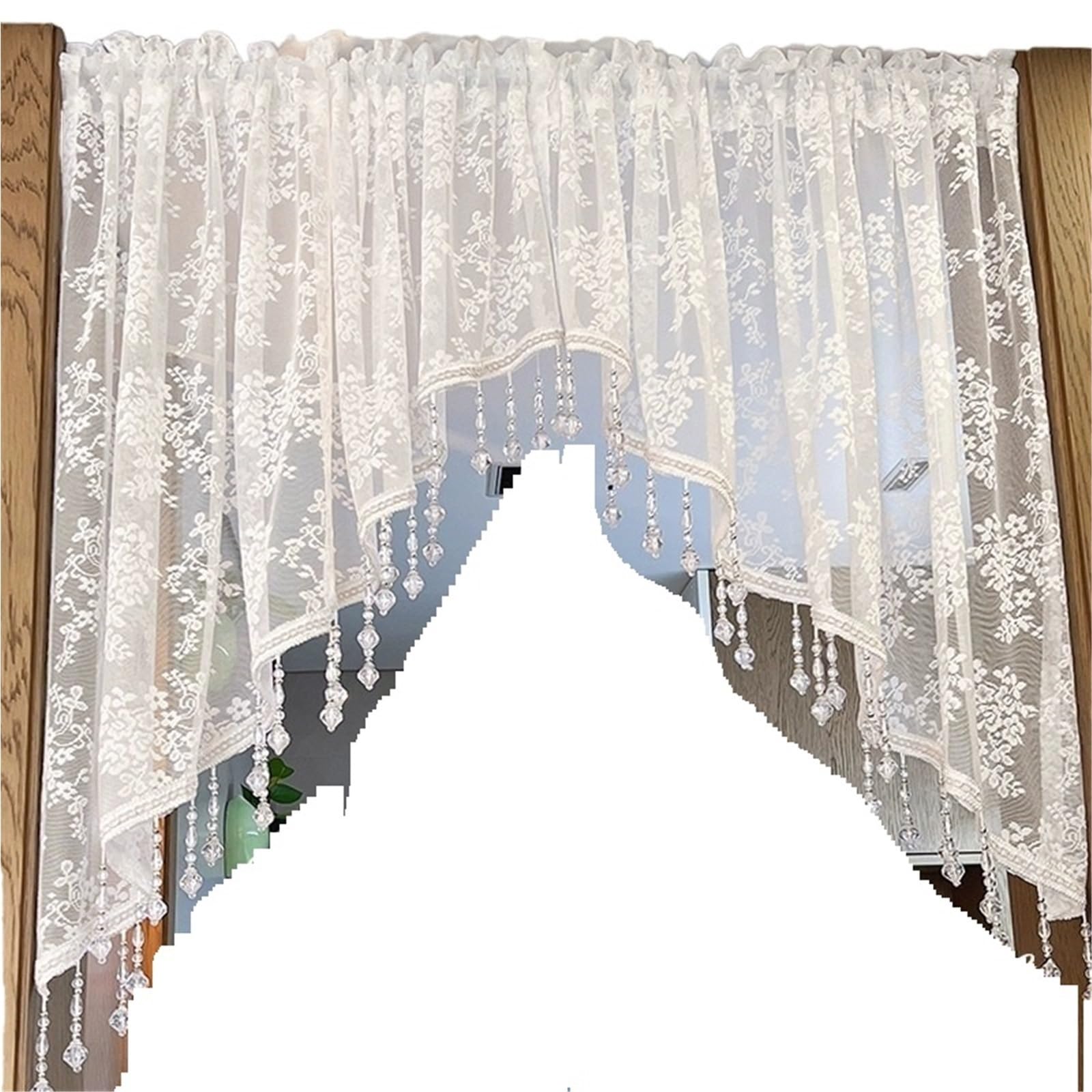 AIQIJOHI Short Curtains Vintage Half Curtain With Beaded Lace Triangle Curtains Bedroom Entrance Door Flower Tulle Kitchen(White,ROD POCKET_1PC W200 X H90 CM)