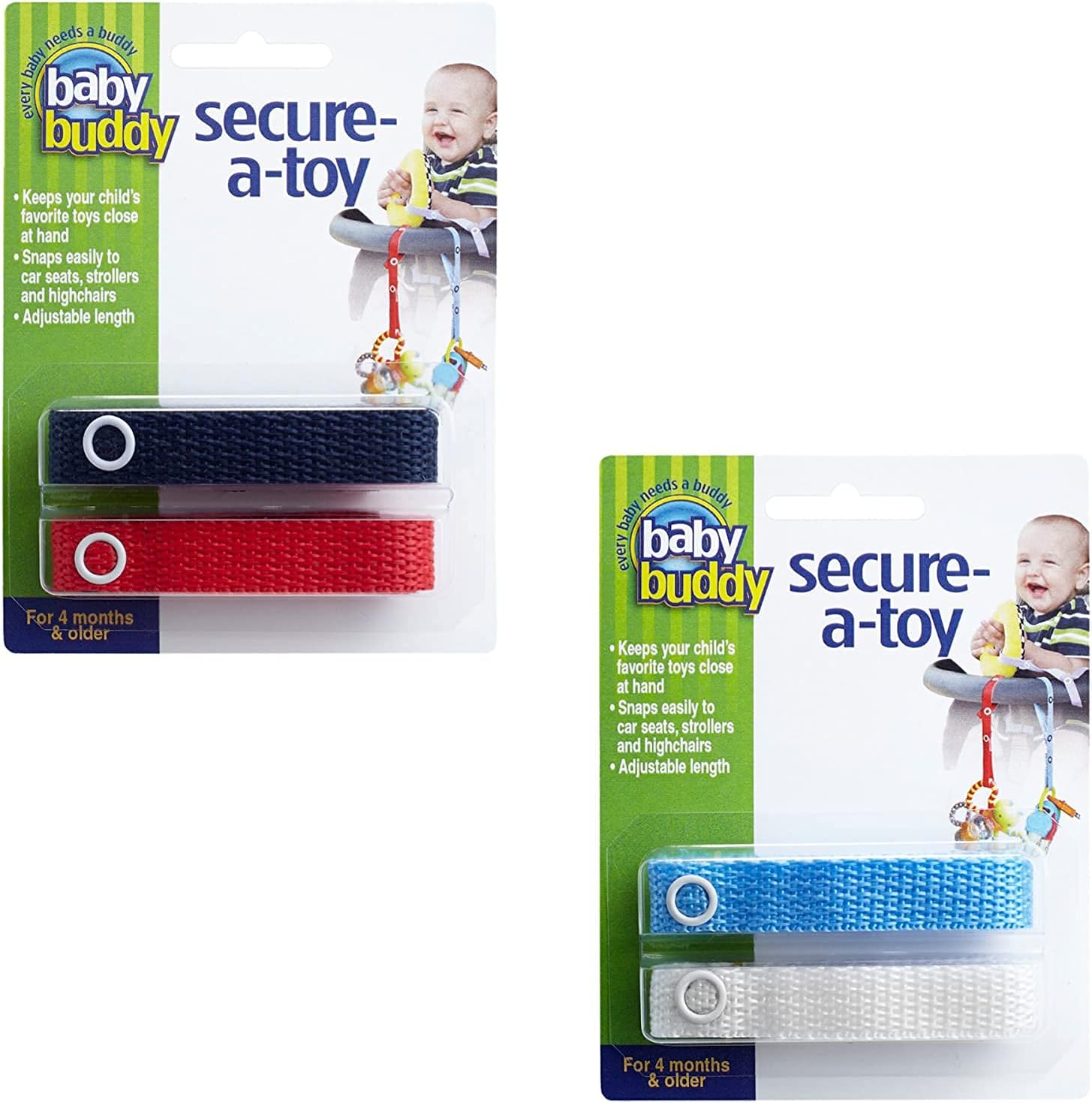 Baby Buddy Secure-A-Toy, Safety Strap Secures Toys, Teether, Pacifiers to Strollers, Highchairs, Car Seats, Adjustable Length Keep Toys Sanitary, Registry Must Haves, Blue-White-Navy-Red, 4 Count