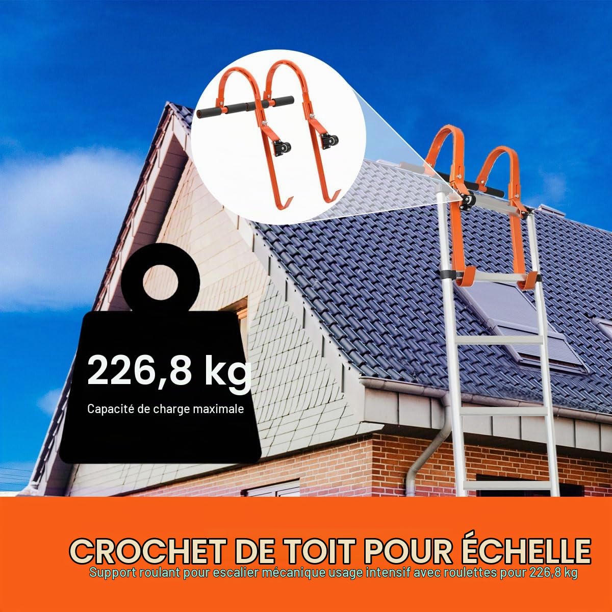 Lot de 2 crochets d'échelle de toit, accessoires d'échelle, rallonge universelle, stabilisateur d'échelle en acier pour toit, avec roues fixes et poignée en caoutchouc en T