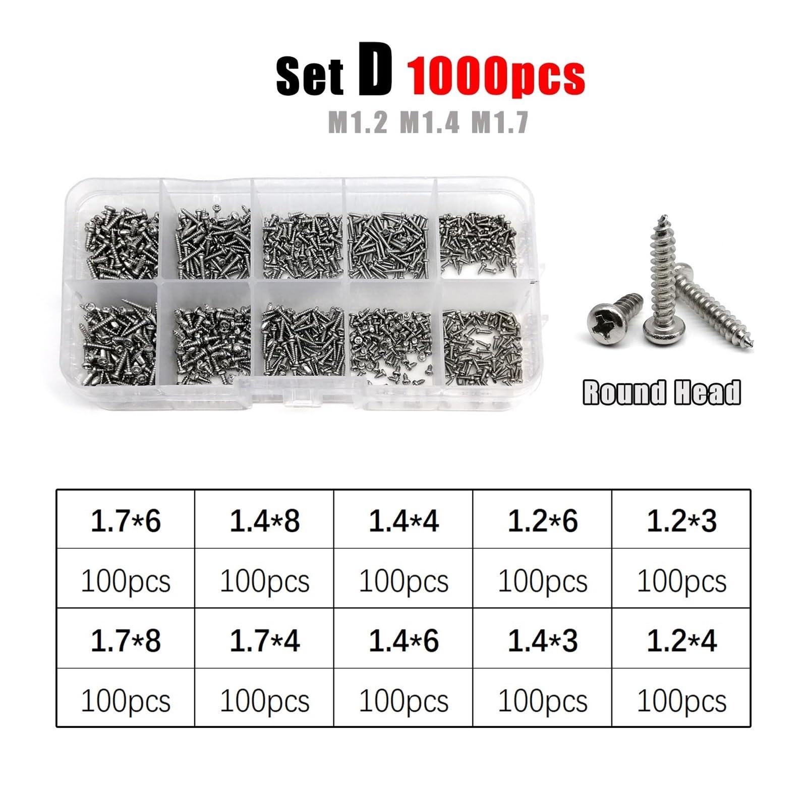 Kit D'assortiment De Vis À Bois Autotaraudeuses M1.2 M1.4 M1.7 M2 M3 M4, Tête Cylindrique Phillips En Acier Inoxydable 304 A2 Avec Boîte De Rangement(Set D 1000pcs)