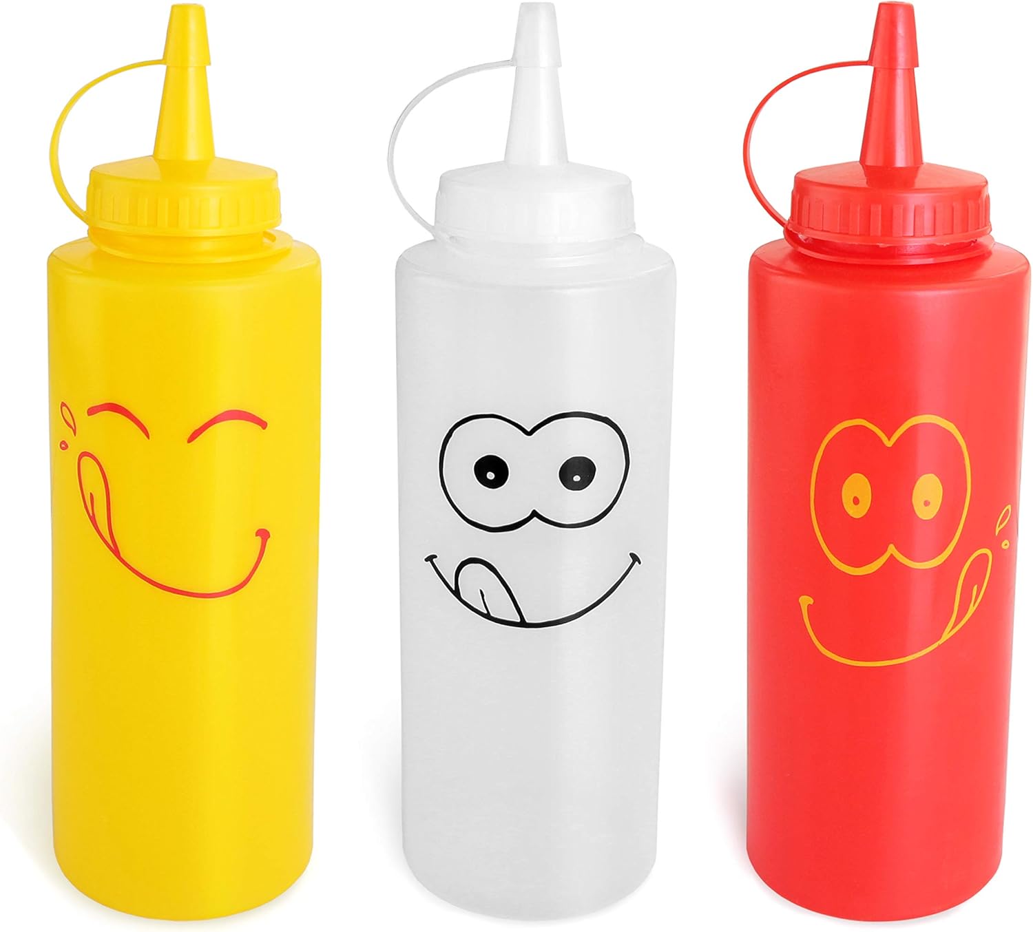 New Star Foodservice 28560 Smiley Faces Squeeze Bottle Set - Leakproof 12oz Plastic Bottles, Red Yellow Clear for Condiments