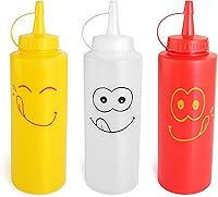 New Star Foodservice 28560 Smiley Faces Squeeze Bottle Set - Leakproof 12oz Plastic Bottles, Red Yellow Clear for Condiments