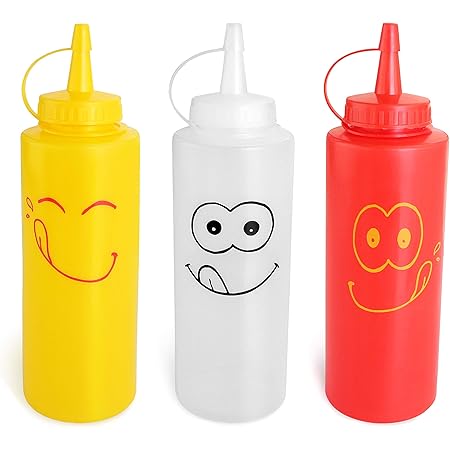 New Star Foodservice 28560 Smiley Faces Squeeze Bottle Set, Plastic, Red, Yellow, and Clear, 12 oz